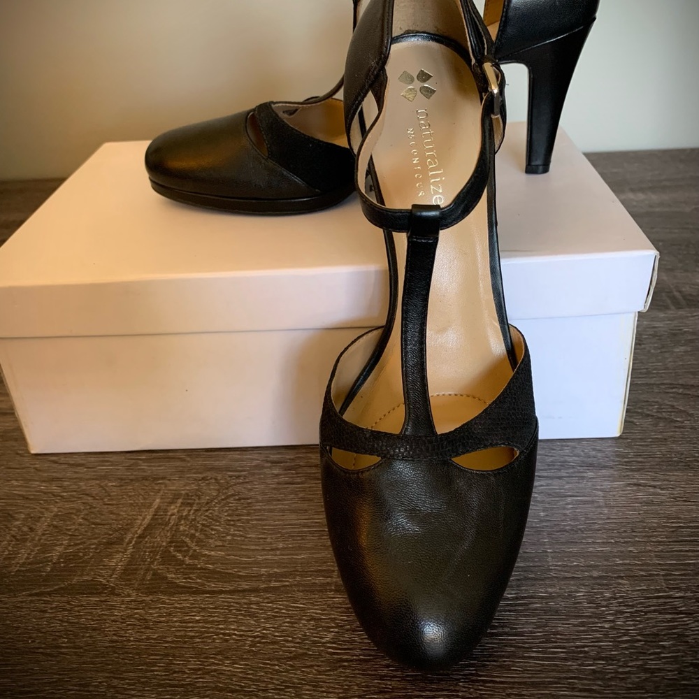Naturalizer black T-strap 3” heels, size 9.5, excellent condition never worn.